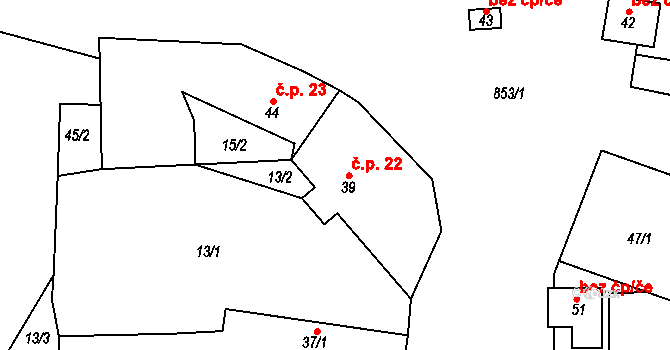 Vinařice 22 na parcele st. 39 v KÚ Vinařice u Suchomast, Katastrální mapa