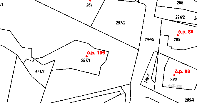 Loukov 106 na parcele st. 287/1 v KÚ Loukov u Bystřice pod Hostýnem, Katastrální mapa