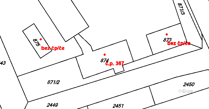 Grygov 367 na parcele st. 874 v KÚ Grygov, Katastrální mapa