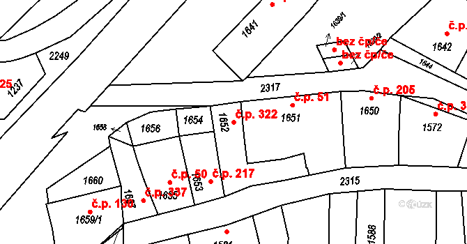 Velká Bystřice 322 na parcele st. 1652 v KÚ Velká Bystřice, Katastrální mapa