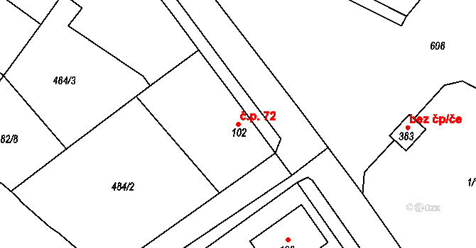 Travčice 72 na parcele st. 102 v KÚ Travčice, Katastrální mapa