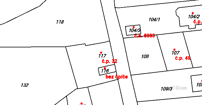 Hostovice 32, Ústí nad Labem na parcele st. 117 v KÚ Hostovice u Ústí nad Labem, Katastrální mapa