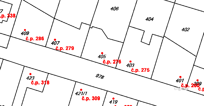 Kostomlaty nad Labem 276 na parcele st. 405 v KÚ Kostomlaty nad Labem, Katastrální mapa