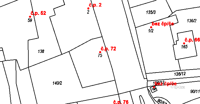Přední Lhota 72, Poděbrady na parcele st. 75 v KÚ Přední Lhota u Poděbrad, Katastrální mapa