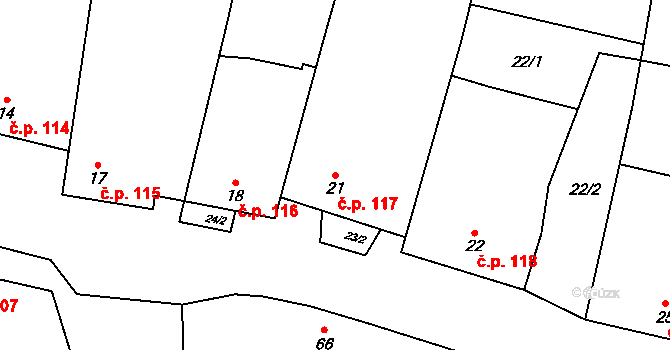 Mohelno 117 na parcele st. 21 v KÚ Mohelno, Katastrální mapa