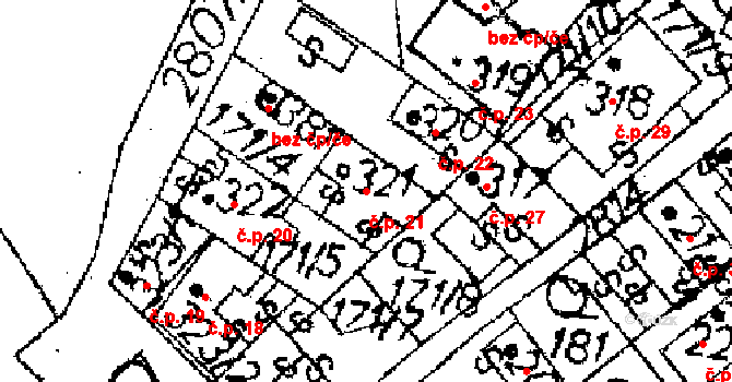 Jaroměřice 21 na parcele st. 321 v KÚ Jaroměřice, Katastrální mapa