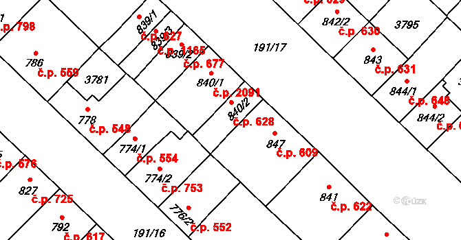 Břeclav 628 na parcele st. 840/2 v KÚ Břeclav, Katastrální mapa
