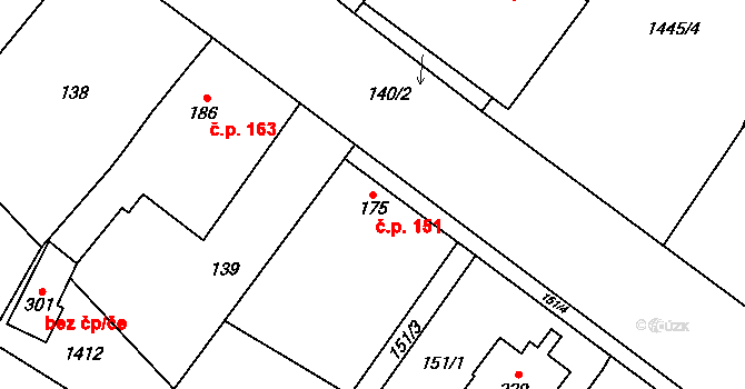 Panenský Týnec 151 na parcele st. 175 v KÚ Panenský Týnec, Katastrální mapa