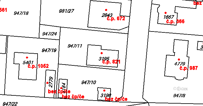 Plzeňské Předměstí 821, Rokycany na parcele st. 3195 v KÚ Rokycany, Katastrální mapa