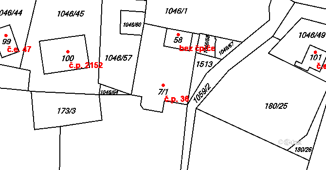 Hrušková 36, Sokolov na parcele st. 7/1 v KÚ Hrušková, Katastrální mapa