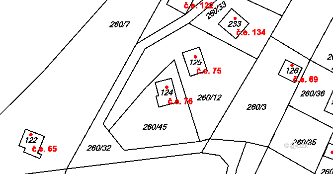 Hřebečníky 76 na parcele st. 124 v KÚ Hřebečníky, Katastrální mapa