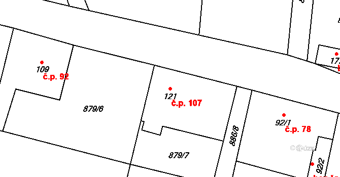 Zavidov 107 na parcele st. 121 v KÚ Zavidov, Katastrální mapa