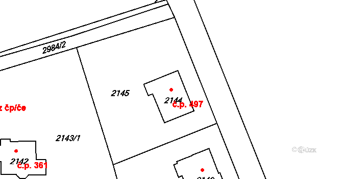 Braník 497, Praha na parcele st. 2144 v KÚ Braník, Katastrální mapa