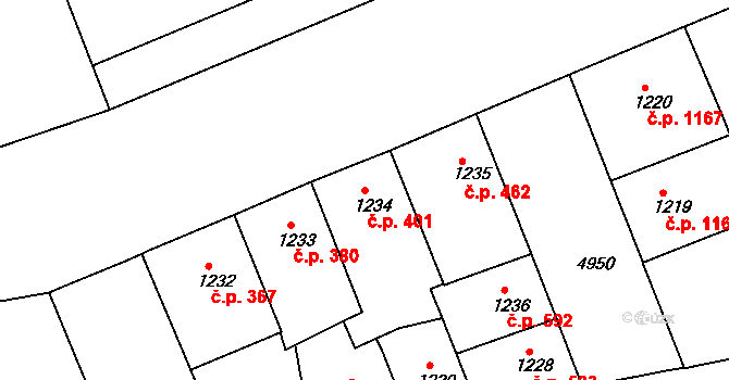 Smíchov 401, Praha na parcele st. 1234 v KÚ Smíchov, Katastrální mapa