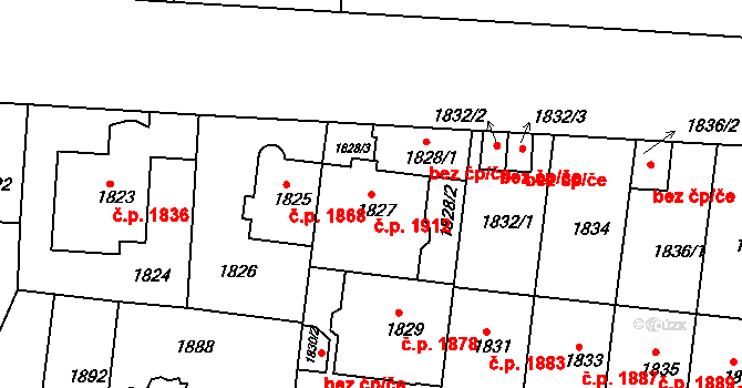 Smíchov 1912, Praha na parcele st. 1827 v KÚ Smíchov, Katastrální mapa