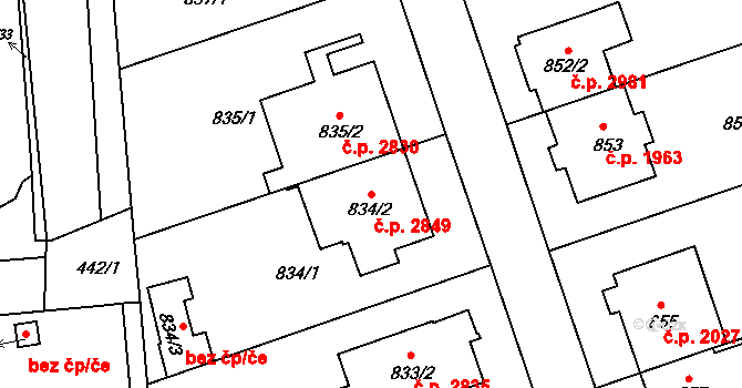 Smíchov 2849, Praha na parcele st. 834/2 v KÚ Smíchov, Katastrální mapa