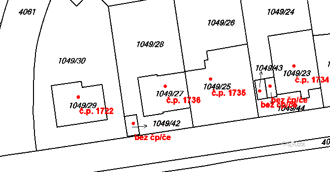 Dejvice 1736, Praha na parcele st. 1049/27 v KÚ Dejvice, Katastrální mapa