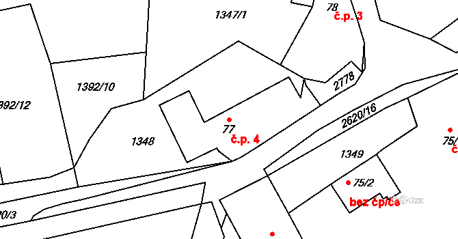 Hulín 4, Jesenice na parcele st. 77 v KÚ Mezné, Katastrální mapa