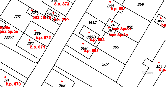 Jirkov 893 na parcele st. 366 v KÚ Jirkov, Katastrální mapa