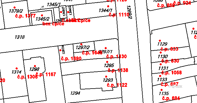 Šlapanice 1130 na parcele st. 1297/1 v KÚ Šlapanice u Brna, Katastrální mapa