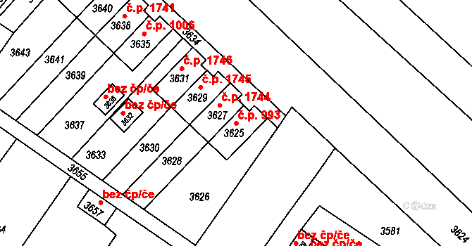 Vsetín 993 na parcele st. 3625 v KÚ Vsetín, Katastrální mapa