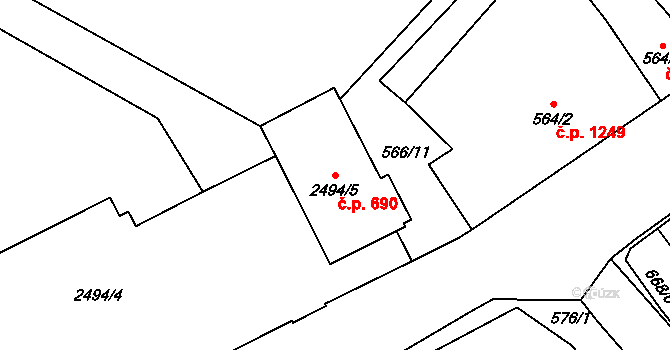 Předměstí 690, Opava na parcele st. 2494/5 v KÚ Opava-Předměstí, Katastrální mapa