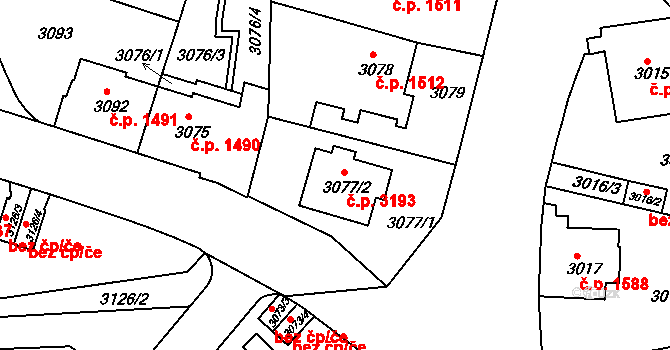 Teplice 3193 na parcele st. 3077/2 v KÚ Teplice, Katastrální mapa