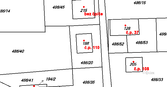 Ratměřice 110 na parcele st. 188 v KÚ Ratměřice, Katastrální mapa
