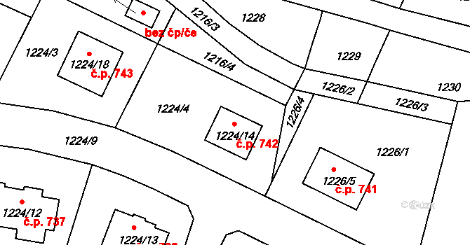 Nový Malín 742 na parcele st. 1224/14 v KÚ Nový Malín, Katastrální mapa