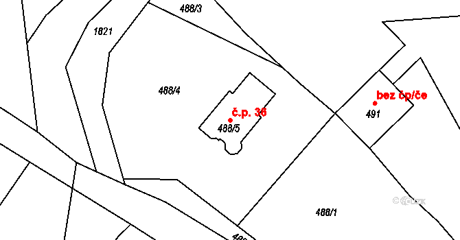 Děrné 36, Fulnek na parcele st. 488/5 v KÚ Děrné, Katastrální mapa