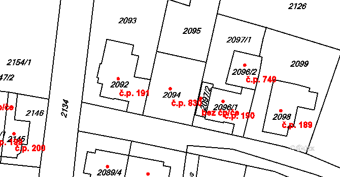 Jemnice 830 na parcele st. 2094 v KÚ Jemnice, Katastrální mapa
