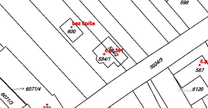 Popovice 391 na parcele st. 584/1 v KÚ Popovice u Uherského Hradiště, Katastrální mapa
