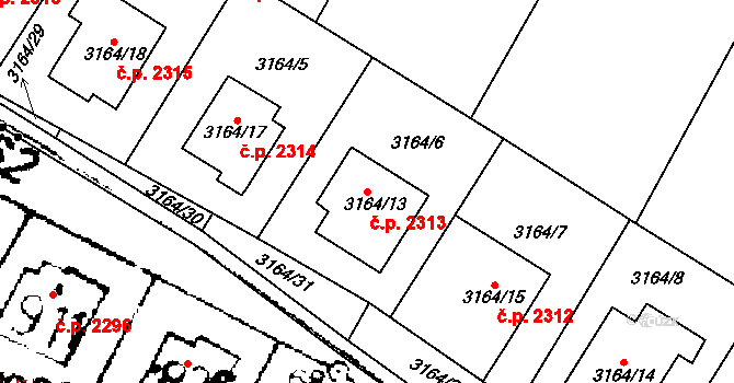 Podlusky 2313, Roudnice nad Labem na parcele st. 3164/13 v KÚ Roudnice nad Labem, Katastrální mapa