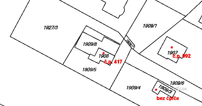 Bystřice nad Pernštejnem 417 na parcele st. 1909/8 v KÚ Bystřice nad Pernštejnem, Katastrální mapa