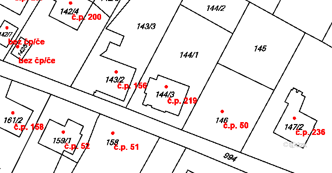 Chuchelná 219 na parcele st. 144/3 v KÚ Chuchelná, Katastrální mapa