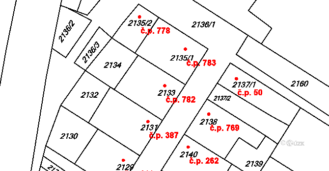 Kunovice 782 na parcele st. 2133 v KÚ Kunovice u Uherského Hradiště, Katastrální mapa