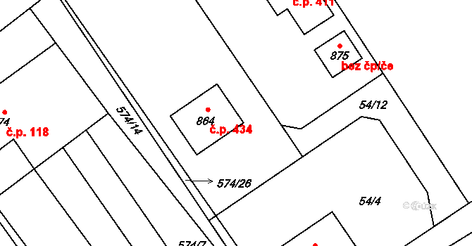 Lučina 434 na parcele st. 864 v KÚ Lučina, Katastrální mapa