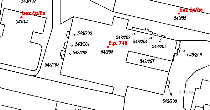 Letňany 745, Praha na parcele st. 543/58 v KÚ Letňany, Katastrální mapa