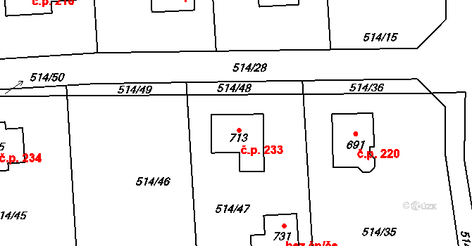 Chodov 233 na parcele st. 713 v KÚ Chodov u Domažlic, Katastrální mapa