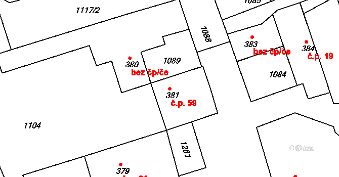Košumberk 59, Luže na parcele st. 381 v KÚ Luže, Katastrální mapa