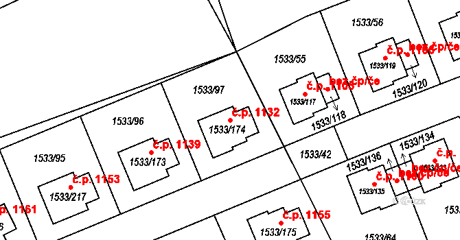 Řeporyje 1132, Praha na parcele st. 1533/174 v KÚ Řeporyje, Katastrální mapa