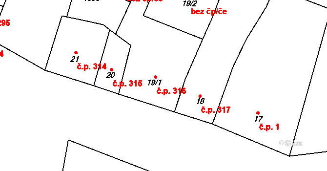 Kostelec nad Labem 316 na parcele st. 19/1 v KÚ Kostelec nad Labem, Katastrální mapa