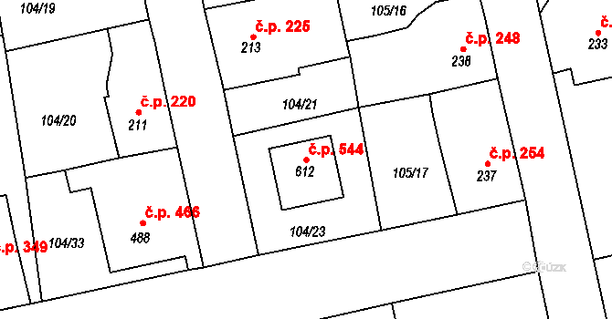 Rudná 544 na parcele st. 612 v KÚ Dušníky u Rudné, Katastrální mapa