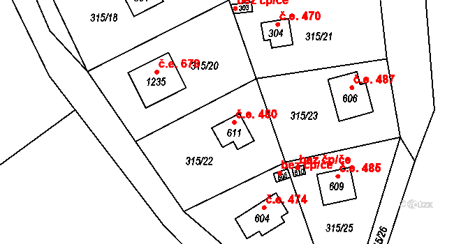 Masečín 480, Štěchovice na parcele st. 611 v KÚ Masečín, Katastrální mapa