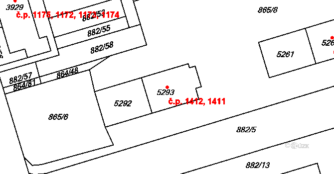 Bílé Předměstí 1411,1412, Pardubice na parcele st. 5293 v KÚ Pardubice, Katastrální mapa
