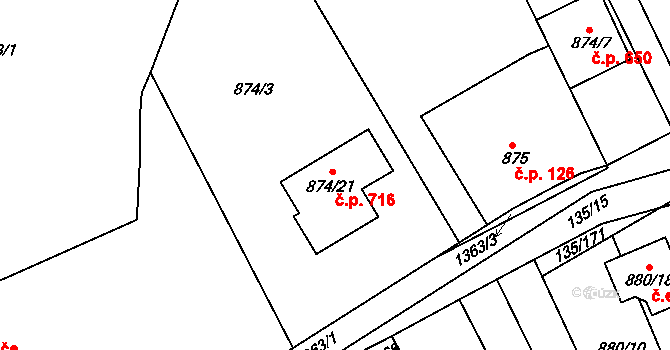 Božkov 716, Plzeň na parcele st. 874/21 v KÚ Božkov, Katastrální mapa