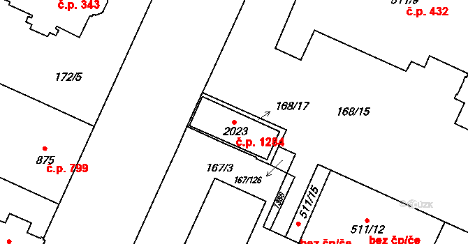 Hradec Králové 1284 na parcele st. 2023 v KÚ Hradec Králové, Katastrální mapa