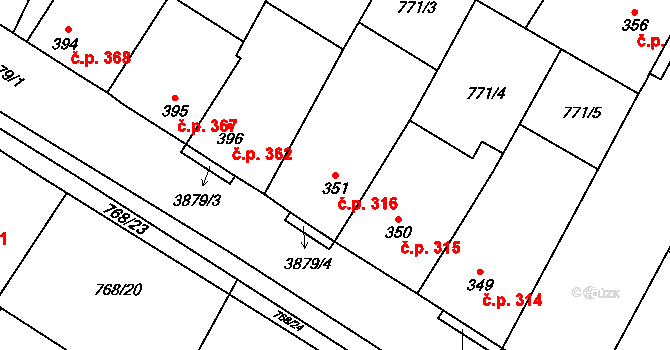 Řevničov 316 na parcele st. 351 v KÚ Řevničov, Katastrální mapa