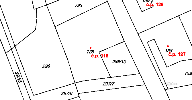 Oudoleň 118 na parcele st. 126 v KÚ Oudoleň, Katastrální mapa