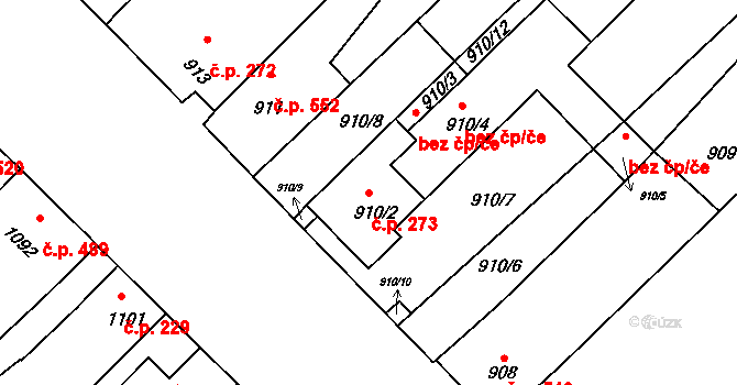 Drnholec 273 na parcele st. 910/2 v KÚ Drnholec, Katastrální mapa